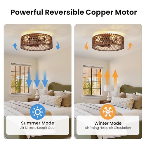 Image of 20 inch Flush Mount Ceiling Fan with Light, Wooden Caged Low Profile Fandelier with Remote, 6-Speed Reversible Bladeless Fan, Farmhouse Ceiling Fan for Bedroom, Kitchen, Living Room
