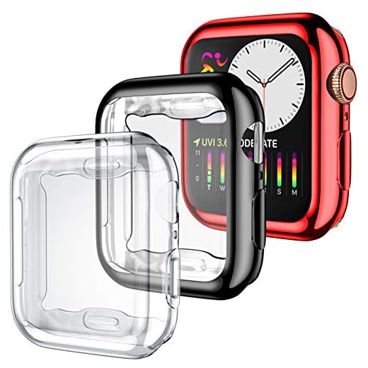 Dirrelo 3-pack fodral kompatibelt med Apple Watch Series SE 6/5/4 40 mm skärmskydd, heltäckande skyddande fodral mjukt TPU stötskydd kompatibelt med iWatch Series SE 6/5/4, klar/svart/röd