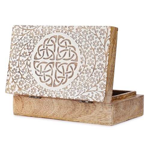 Ajuny Joyero de Madera Blanca 20×13×6,5 cm – Cofre Vintage con Nudo Celta (Triquetra), Organizador de Joyas y Relojes, Caja de Recuerdos Decorativa, Idea de Regalo