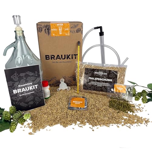 Braukit - Weizen Bierbrauset mit 5L Gärflasche | Malzmischung Hopfen Hefe Thermometer Reiniger Abfüller | Einfache Handhabung Perfekt für Einsteiger | Geschenk für Männer