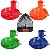 Bisgear Camping Mess Kit - 4 Person Lightweight Dinnerware Family Set with Plates Bowls Cups Mugs Sporks Mesh Bag - Perfect for Hiking & Backpacking, Picnic, Family Vacation (4 Person)