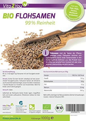 Vita2You BIO Flohsamen 99% Reinheit - 1000g Zippbeutel - Höchste Reinheit - 1kg indische Flohsamen - Premium Qualität