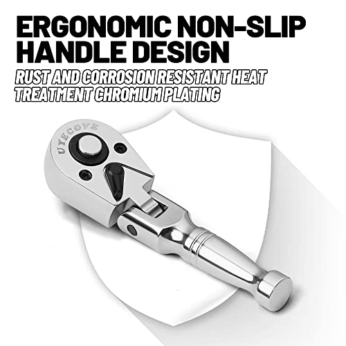 Uyecove 1/4 Inch Drive Stubby Ratchet, Flex Head Ratchet 1/2 Ratchet Mini Ratchet Wrench, Socket Wrench, 72 Tooth Quick Release Cr-Mo Head -4"/100Mm #TOP5