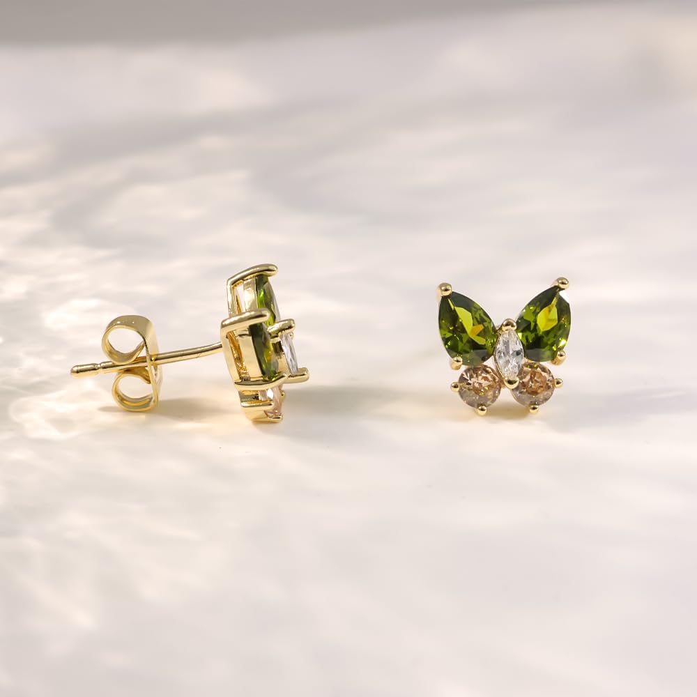 Butterfly Stud Earrings for Women Trendy, Lightweight 14K Gold Plated Cubic Zirconia Green Earrings Studs Jewelry Gifts - Image 6