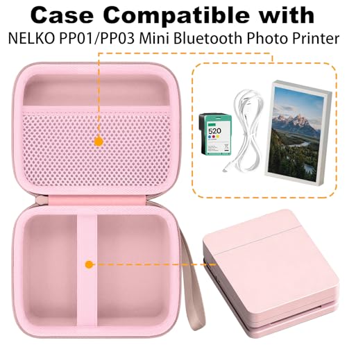 Image of Hard Case for Nelko PP01 /PP03 Color Mini Portable Printer, Pink | Features a Mesh Pocket for Accessories. Hand Strap for Easy Carrying. Hard EVA Shell with Soft Velvet Lining. Case Only