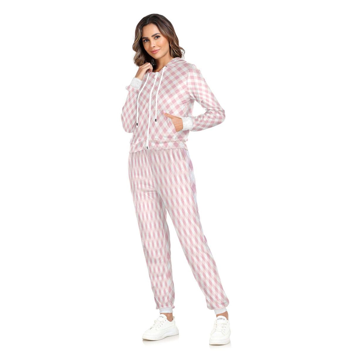 Conjunto deportivo de 2 piezas para mujer, diseño geométrico a cuadros rosados, de manga larga, con textura