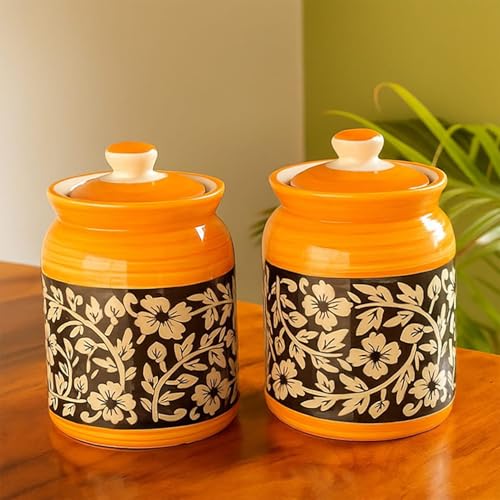 Image of D'Maiolica HandPainted Ceramic Salt Jars 1000 ML (Set of 2) | Pottery Martban 1000 ML Set of 2 | Round Achaar Barni | Achaar Jar 1 KG | Ceramic Pickle Jar 1000g (Yellow &Black Full Bale)