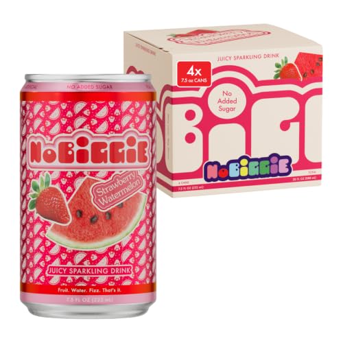 Image of NoBiggie Strawberry Watermelon Sparkling Juice for Kids | 4-Pack Mini Cans | Made with Real Fruit Juices & Purees, 4 x 7.5 fl oz Cans, Only 3g Sugar per Can, No Added Sugar, No Artificial Ingredients