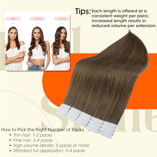 Image of Full Shine 18Inch Tape in Hair Extensions Human Hair Color 3 Brown Human Hair Extensions Tape in Seamless Invisible Skin Weft 100G Remy Soft Extension 40Pcs Brazilian Lightweight