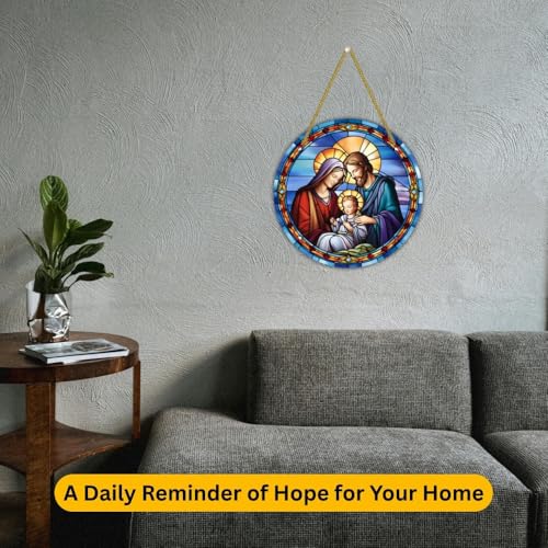 Image of Printality Stained Glass Style Christian Wall Hanging | Round MDF Plaque with Glossy Finish & Golden Zardosi String | Religious Wall Art | Jesus, Mary & Angels Design | Faith Home Decor (Design 5)