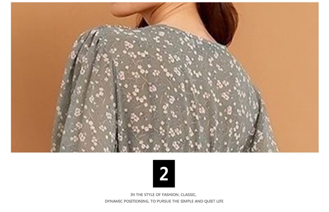 Adhdyuud Vestido midi de manga larga con cuello en V y estampado floral para mujer