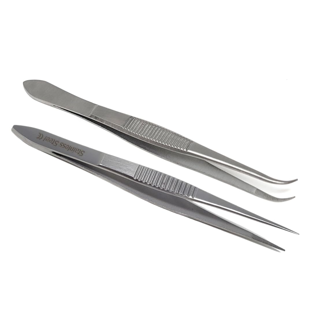 IMED SCIENTIFIC 2PC High Precision Stainless Steel Lab Tweezers/Forceps with Serrated Fine Point Tip - Straight and Curved (4.5")
