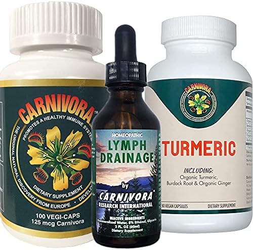 Carnivora Triple Play - Immune System Support, Lymph System Flush, and Enhancement for Joints and Digestion (Bundle with 1 Bottle Vegi-Caps, 1 Bottle Lymph Drainage, and 1 Bottle Turmeric)