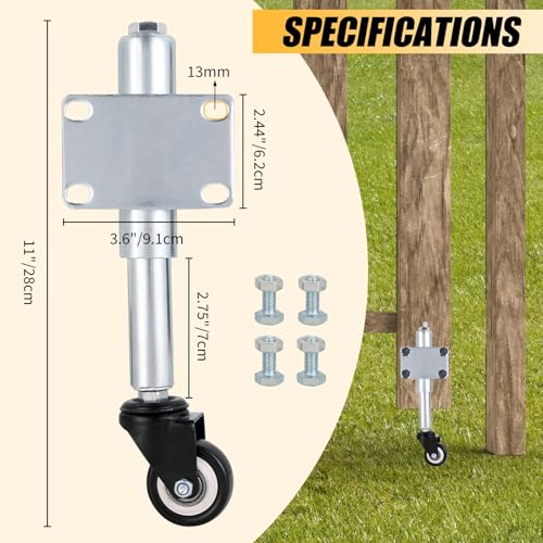 DASBET 2\" Spring Loaded Gate Wheels Heavy Duty Swivel Caster 110lbs Capacity Retractable Casters for Yard Fence, Garden Wooden Gate (4 Holes)