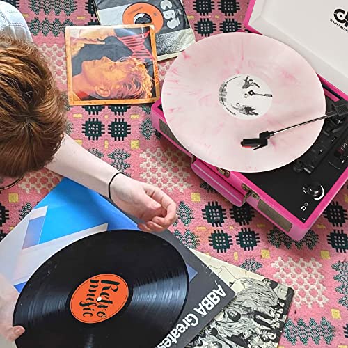 Vintage Bluetooth Suitcase Record Player with Built-in Speakers, 3 Speed Portable Turntable with USB Vinyl Audio Recorder RCA AUX-in & Headphone Jack (Pink, 2023 New Version)