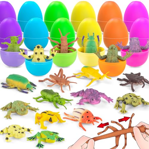 Yeonha Toys 12pcs Prefilled Easter Egg with Rubber Insect Bug and Frog Toy Inside for Easter Basket Stuffers, Party Favor Supplies, Easter Egg Hunt, Floating Bath Stuff for Kid Toddler