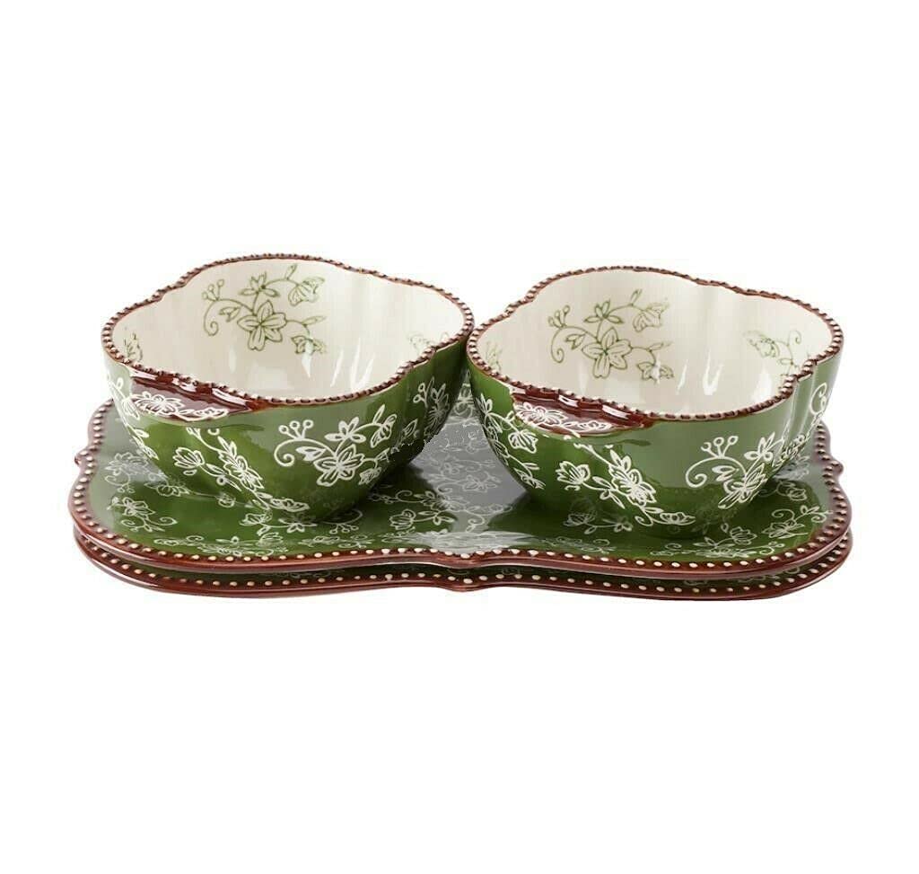 temp-tations® Floral Lace Soup and Sandwich Bakeware Set of 2 - Green - Oven Microwave Freezer Refridgerator Safe Ceramic hand painted for baking serving kitchen cooking gift appetizer