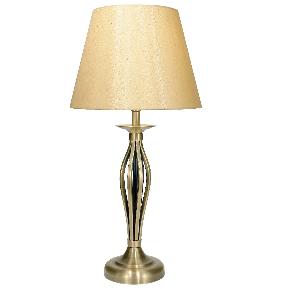Antique Brass Vintage Open Metalwork Table Lamp with Gold Faux Silk Tapered Drum Shade | 53cm Height | 1 x ES E27 Lamp Bulb Required | UK Approved | in-Line On Off Switch