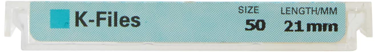 6021 Endo Hand K-File, 0.02 mm Taper, 21 mm Length, Stainless Steel, #50 Tip Size, Yellow (Pack of 6)