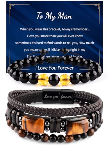 Leather Bracelets for Men Natural Tiger Eye Black Obsidian Healing Crystal Beaded Bracelets Set Birthday Christmas Anniversary Gifts for Dad Son Grandson Man Boyfriend Brother