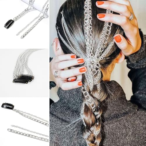 Ouliget Rhinestone Tassel Hair Chain Clip, Pinza para el cabello de metal plateado punk, cadena de cabello de varias hebras para fiestas, pack de 2 piezas miniatura 3