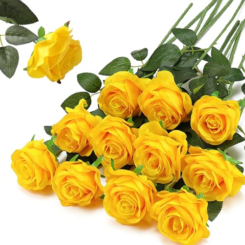 FLORRALIA Yellow Fake Roses Artificial Flowers - 10 Pcs Fake Artificial Roses Silk Flowers with Stems for Home Wedding Hotel Office Centerpiece Decor