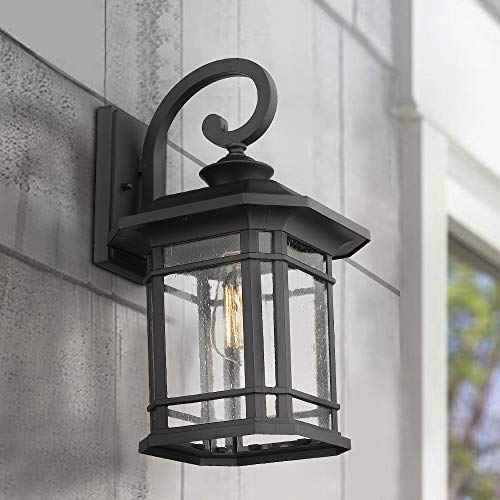 Emliviar Outdoor Wall Lights For House, 1-Light Exterior Wall Sconce Black Finish With Clear Seeded Glass, 17" Height, 22021M #TOP2