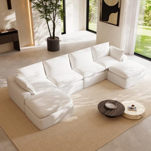 Image of Novilla 133.8 inch Modular Cloud Couch, Modern Sectional Sofa with Smarts Coil Support, Chenille Fabric, Upholstered Couch for Living Room Apartments Bedroom, No Assembly, 4 Seater + 2 Ottoman, White