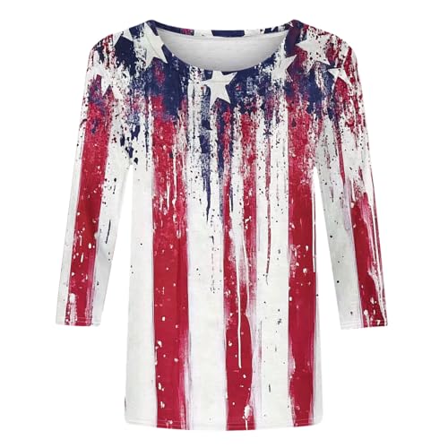 Image of Fourth of July Shirts for Women 3 /4 Sleeve Summer Tops American Flag Print T Shirt Patriotic 4th of July Shirts 2025