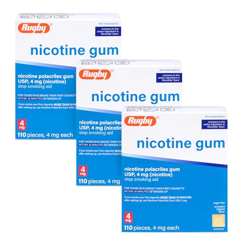Rugby Polacrilex 4mg Nicotine Gum - Original Flavor, Quit Smoking and Vaping Aid, Sugar-Free, 110 Count (3-Pack)