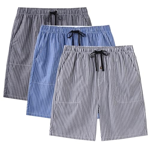MoFiz Hombre Pantalón Corto de Pijama Casual Shorts a Rayas de Algodón con Bolsillos 3 Pack XL