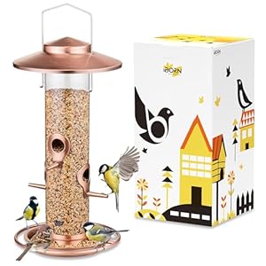 iBorn Bird Feeders for Outdoors Bird Feeder for Cardinal, 2LB Metal Bird Feeders 17cm Large Roof &Tray, 4 Feeding Ports, Brushed Copper Finishing