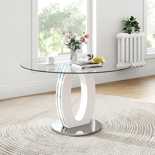 RGZ 47'' Modern Luxury Clear Glass Round Dining Table for 4-6, Glass Circle Top Kitchen Table with Elegant Silver Decorative Strips & White Silver Base, Dinner Table for Home, Living Room, Apartment