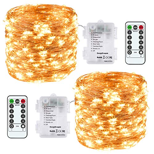 Lichterkette Batterie, 2er 12M 120 LED Lichterkette 8 Modi Außenbeleuchtung Kupferdraht Wasserdichte IP65 mit Fernbedienung und Timer für Innen/Außen Dekoration (Warmweiß) [Energieklasse A+++]