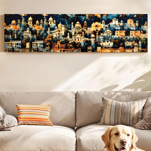 Image of Traditional Indian Cityscape Stretched Canvas Wall Art Painting for Living Room, Mughal Architecture Landscape Canvas Wall Decor For Livingroom, Bedroom, Office, Hallway's, Hotel 12x46 Inch