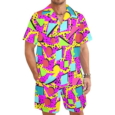 Artsadd 2 Piece Neon Outfit Men Hawaiian Shirts and Shorts Button Down 90s Costume Tracksuit Set 80s Neon Shirt Beach Party Outfit M Cover