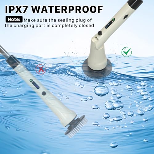 Image of Electric Spin Scrubber, Hillyfe Bath Scrubber for Cleaning with 7 Replaceable Brush Heads, IPX7 Waterproof,300 /400 RPM, 3 Adjustable Size,Cordless Shower Cleaner Brush for Bathroom Floor,Beige