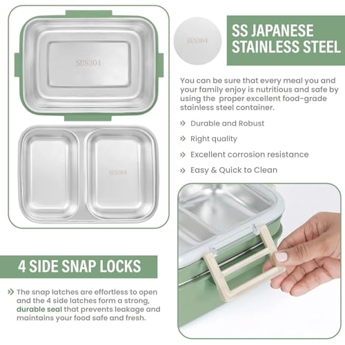 Image of ABOUT SPACE Lunch Box - 2 Tier Compartment 1200ml Insulated Tiffin Box with Silicon Gaskets Lid, No Leak-Proof Diet Food Partition Stainless Steel Bento Box for Men,Women,Kids - Green