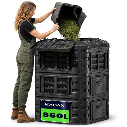 KADAX Compostador de plástico rápido, compostador con botones a presión, compostador térmico negro con tapa plegable (860L)