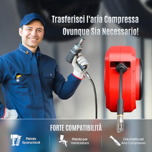 Hancaner Bęben do węża pneumatycznego, automatyczny, 15 m + 1,5 m, przyłącze 1/4" maks. ciśnienie, maks. ciśnienie, obracany o 180°, uchwyt na wąż ścienny, bęben na sprężone powietrze (średnica