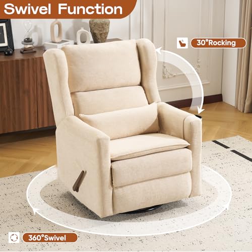 Image of Swivel Rocker Recliner Chair with Adjustable Headrest,Rocking Chair Nursery with Lumbar Support, Manual Glider Rocker Recliner with Cup Holder and Side Pockets, Beige