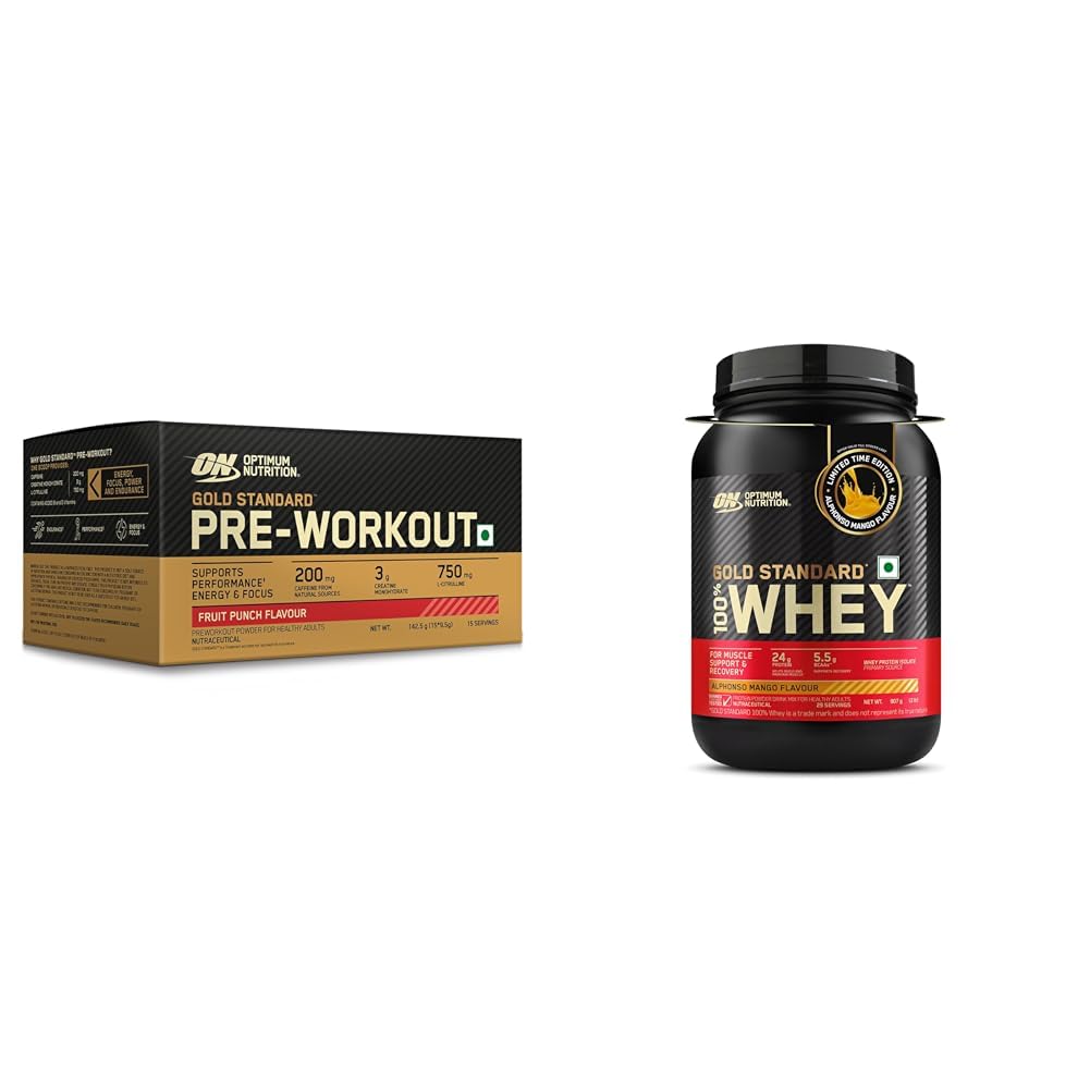 Optimum Nutrition (ON) Gold Standard Pre-Workout- 142.5g/15 single serve packs (Fruit Punch Flavor | Optimum Nutrition (ON) Gold Standard 100% Whey Protein Powder 2 lb, 907g, Alphonso Mango, for Musc-image-41