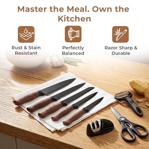 Image of HomeEssentials Premium 9-Piece Knife Set with Sharpener & Kitchen Shears - Razor Sharp Stainless Steel Blades, Ergonomic Wood-Style Handles, Rust Resistant, Perfectly Balanced Kitchen Knife Set