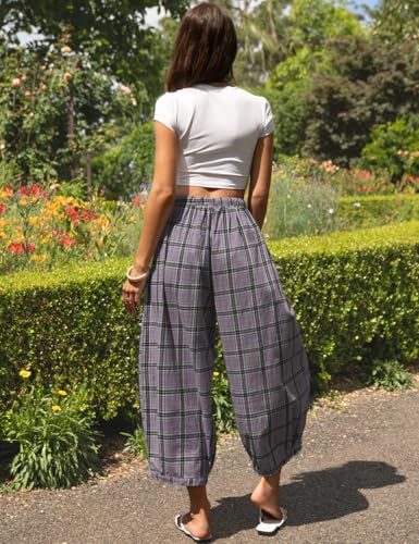 Image of TARSE Women's Plaid Cotton Linen Wide Leg Pants with Pockets | Plaid Barrel Leg Loose Harem Pants, Elastic Drawstring Waist, Casual Boho Summer Capri Palazzo