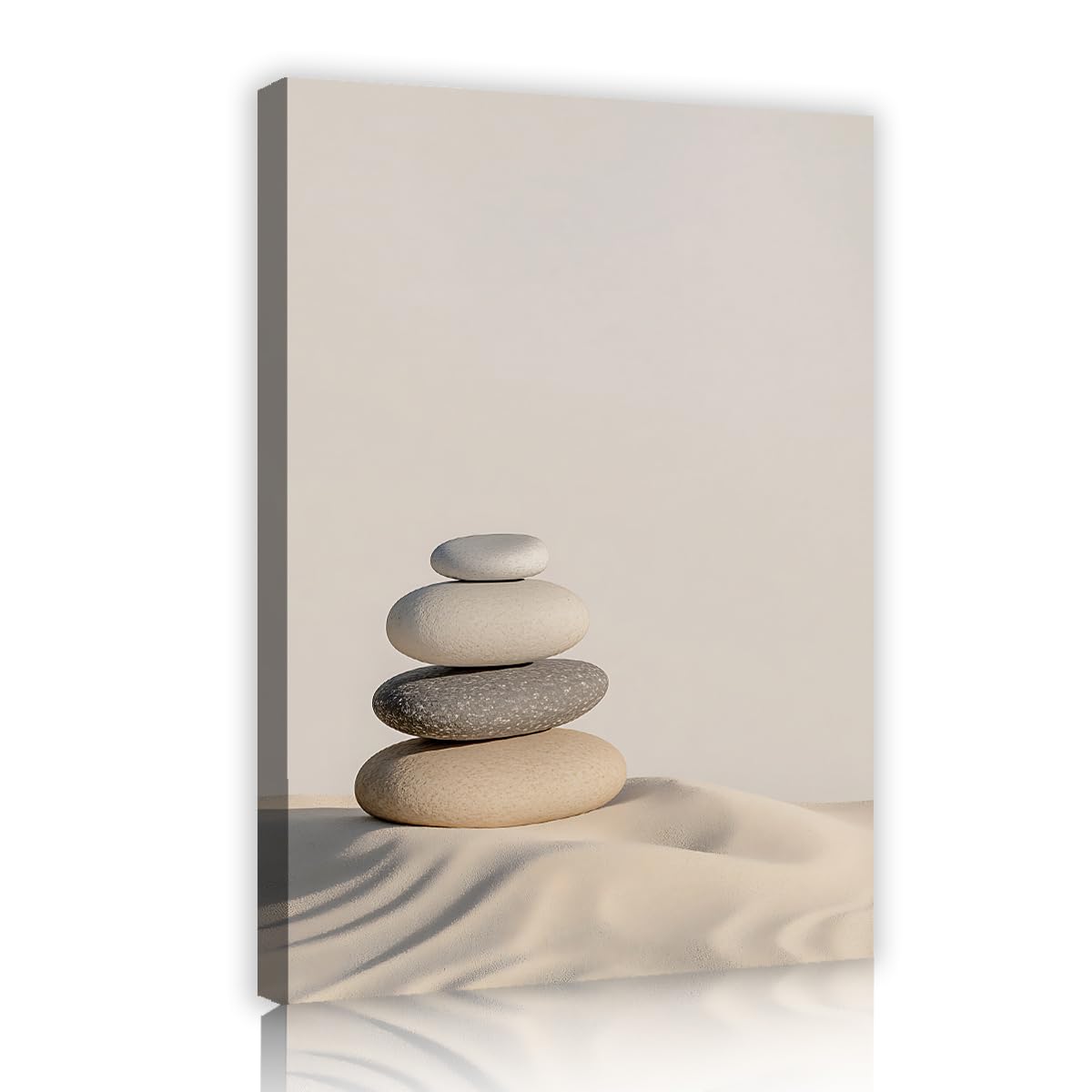 Via Vela Minimalist Beige Canvas Wall Art, Balanced Zen Stones on Sand Picture, Modern Poster Painting for Bedroom Living Room Bathroom, Ready to Hang 70x110cm