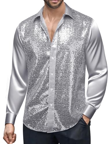 Barry.Wang Mens Disco Shirt Silver Sequins Silky Shiny Metallic Long Sleeve Button Down Shirts Retro Nightclub 80s Stage Performance
