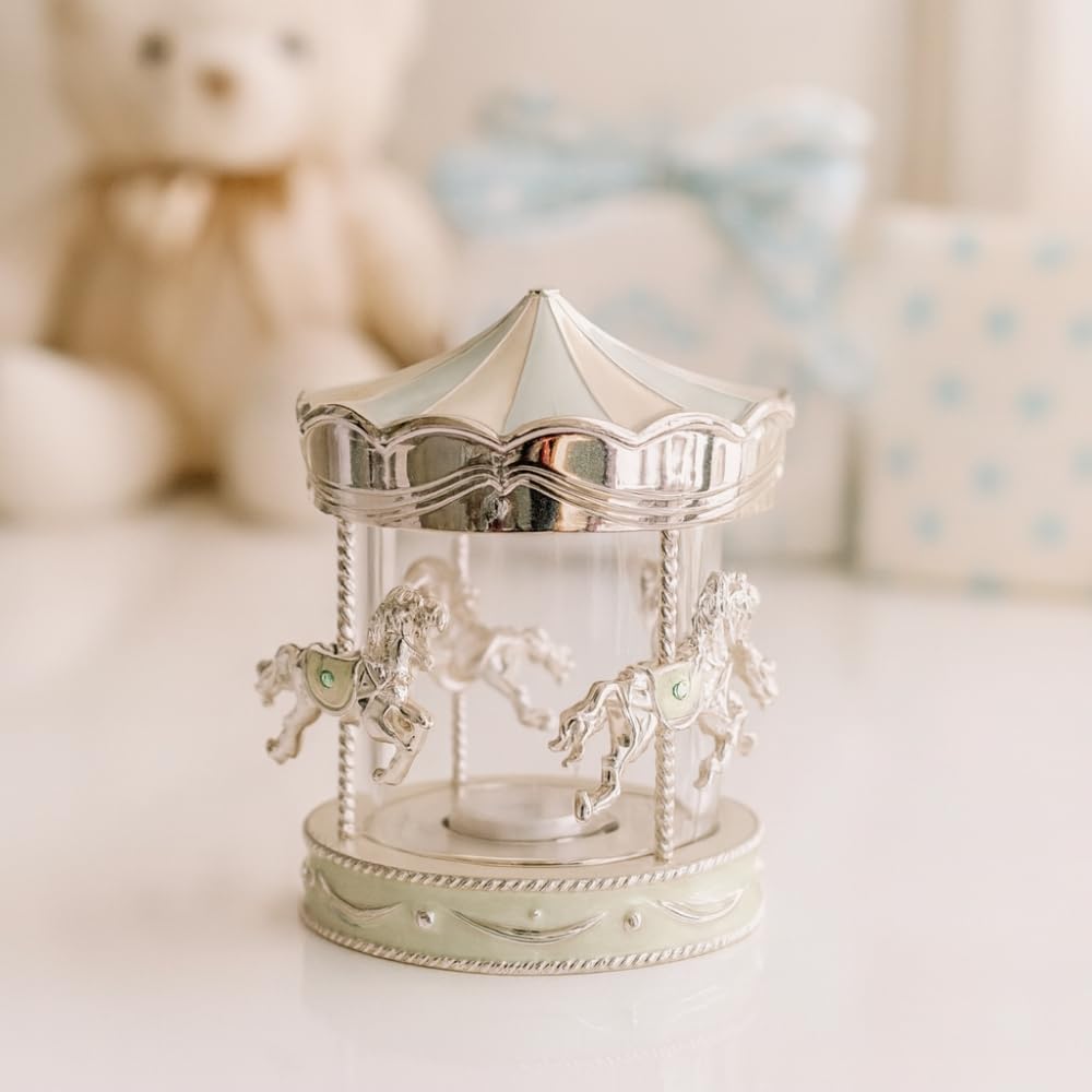 Izzhaar Silver Carousel Music Box, Decorative Merry-Go-Round with Horses, Miniature Collectible Keepsake-image-0