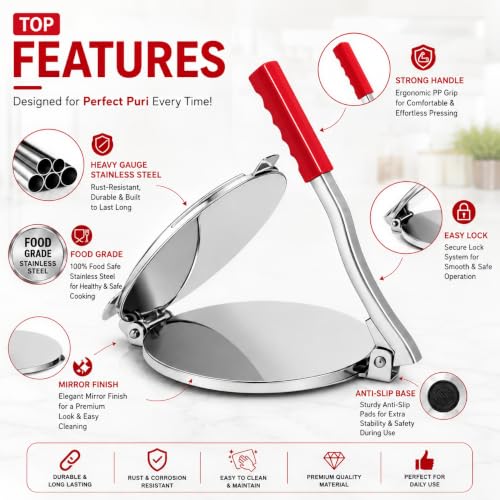 Image of 8 inch Manual Puri Maker Heavy Duty Puri Press Machine | Non-Stick Roti & Puri Press | Dough Maker for Chapati, Tortilla, Khakhra & Papad