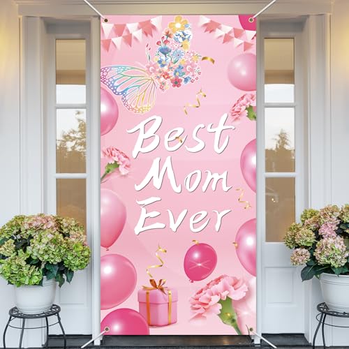 Pancarta para el día de la madre, decoración de puerta con temática de flores rosas para mamá, feliz día de la madre, festival, fiesta, suministros de decoración de 35.4 x 72.8 pulgadas BECKTEN