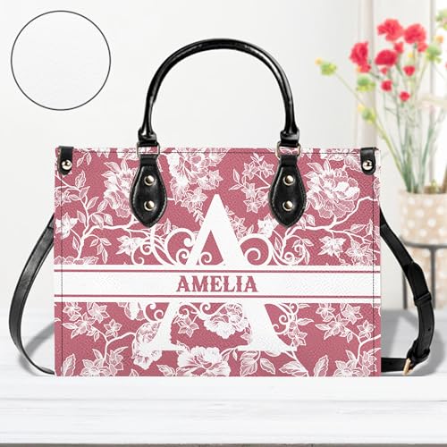 Personalized Name Leather Handbag Floral, Custom Shoulder Bag for Women with Matching Purse Gift for Mom Sister Friends4